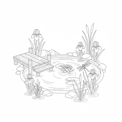 A summer pond garden with a large round wildlife pond, a wooden jetty extending coloring page