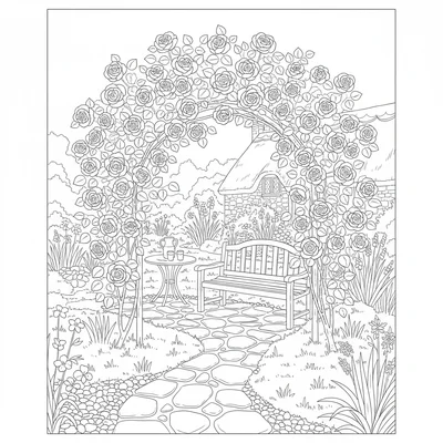 A summer rose bower in a cottage garden with a wooden bench seat completely coloring page