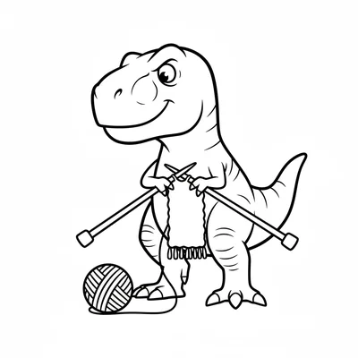 A T-Rex attempting to knit with two knitting needles held awkwardly in its tiny… coloring page