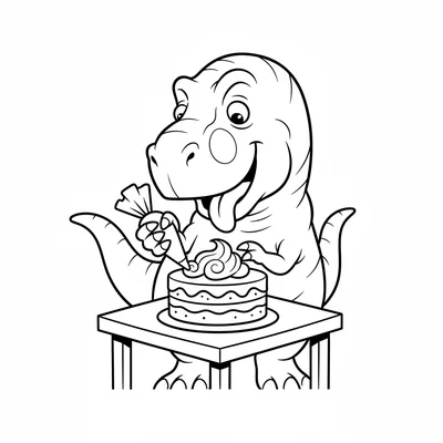 A T-Rex carefully decorating a round layered cake on a table, leaning down clos… coloring page
