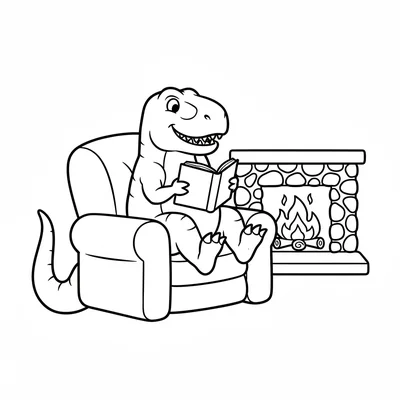 A T-Rex sitting in a large armchair by a stone fireplace, holding an open book… coloring page