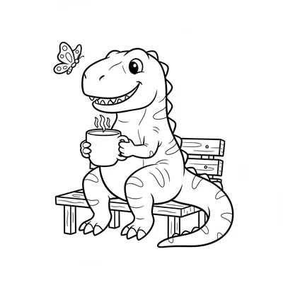 A T-Rex sitting on a garden bench sipping from a large mug held in both tiny ha… coloring page