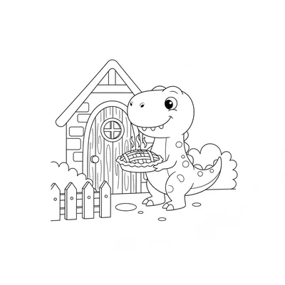 A T-Rex standing at a cottage door holding a freshly baked pie in its tiny arms… coloring page