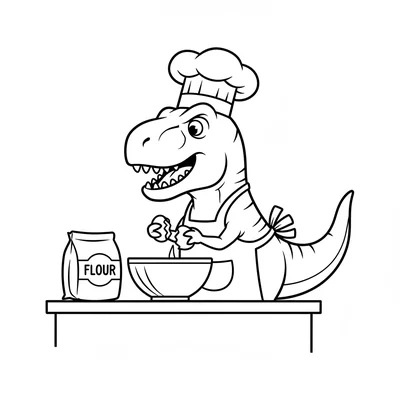 A T-Rex standing at a kitchen counter trying to crack an egg into a mixing bowl… coloring page