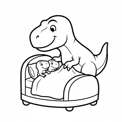 A T-Rex tucking in two baby T-Rexes in a large round bed, the parent leaning do… coloring page