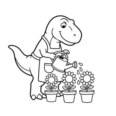 A T-Rex wearing a garden apron and holding a watering can in its tiny arms, car… coloring page