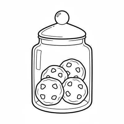 A tall glass cookie jar with a round lid, three large cookies visible inside coloring page