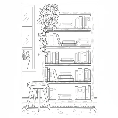 A tall wooden bookcase with several shelves of books, a trailing ivy plant coloring page