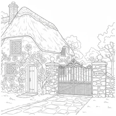 A thatched cottage gate lodge with a gate lodge cottage coloring page