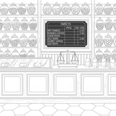A traditional sweetshop interior with tall glass jars coloring page