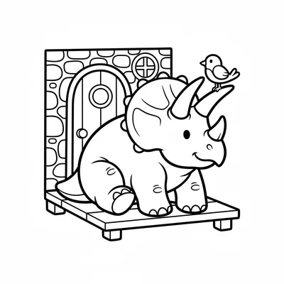 A Triceratops and a small bird sitting together on a cottage porch, the Tricera… coloring page