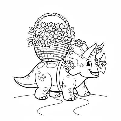 A Triceratops carrying a large woven basket of flowers on its back between its… coloring page