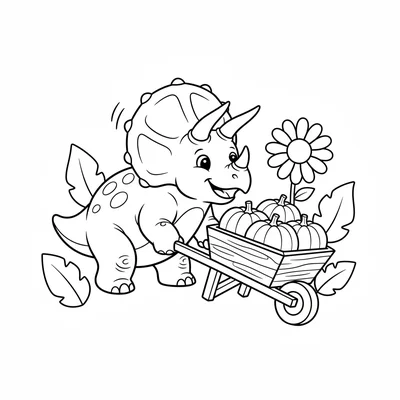 A Triceratops in a garden pushing a simple wooden wheelbarrow filled with round… coloring page