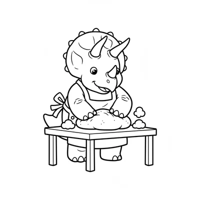 A Triceratops kneading bread dough on a simple wooden table, pressing down with… coloring page