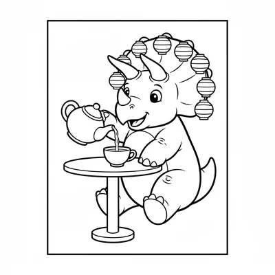 A Triceratops serving tea from a large teapot on a round garden table, pouring… coloring page