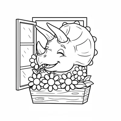 A Triceratops standing outside a cottage window, sniffing a window box full of… coloring page