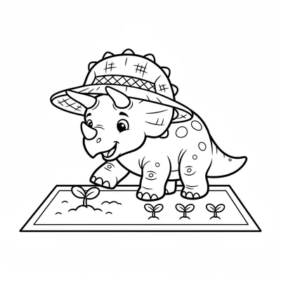 A Triceratops wearing a simple straw hat, gently planting a seedling into the g… coloring page