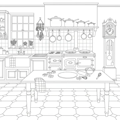 A Victorian kitchen range scene with a large black iron range with multiple coloring page