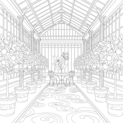 A Victorian orangery interior with iron columns coloring page