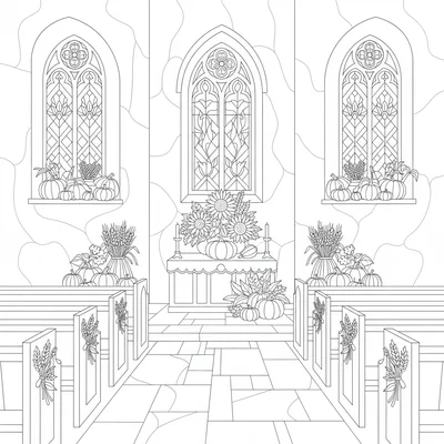 A village church interior at harvest festival time with every windowsill coloring page
