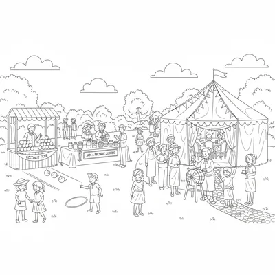 A village fete scene on the green with a coconut shy stall coloring page