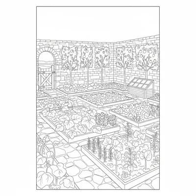 A walled kitchen garden with high stone walls on all four sides, espaliered coloring page