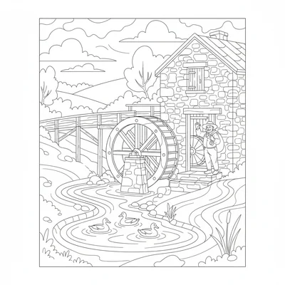A water mill scene with a large undershot waterwheel coloring page