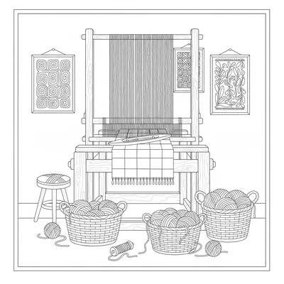 A weaving loom scene with a large upright wooden loom threaded with colorful coloring page