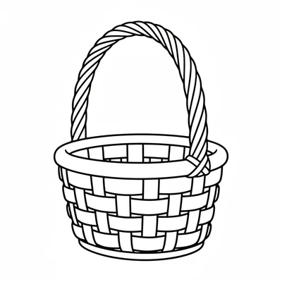 A simple wicker basket with a tall arched handle, viewed from a three-quarter coloring page