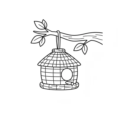A simple wicker bird feeder hanging from a branch, shaped like a small round coloring page