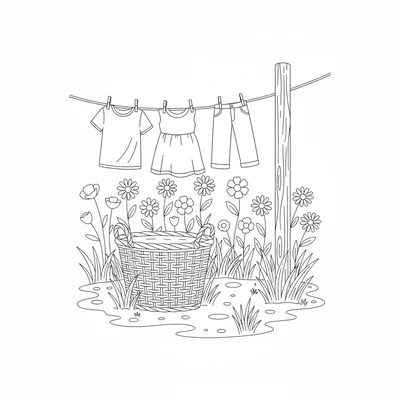 A simple wicker laundry basket sitting on the grass beside a wooden clothesline coloring page