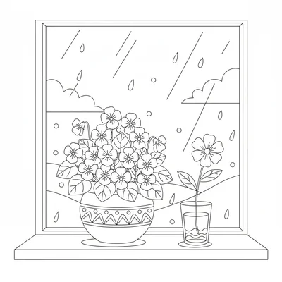 A windowsill with a round ceramic pot of violets, a small glass of water coloring page