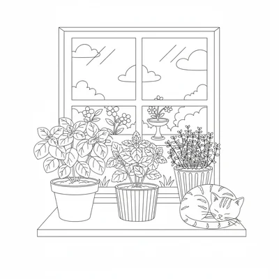 A windowsill with three potted herb plants in a row, basil, mint, and thyme coloring page