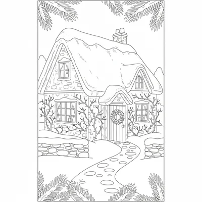 A winter cottage exterior at dusk with candlelight glowing from the windows coloring page