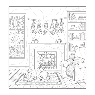 A winter cottage interior scene with frosted windows coloring page