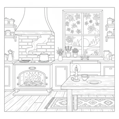 A winter morning kitchen scene before dawn with a low fire just lit coloring page