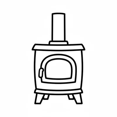A simple wood-burning stove viewed from the front, with a round firebox door coloring page