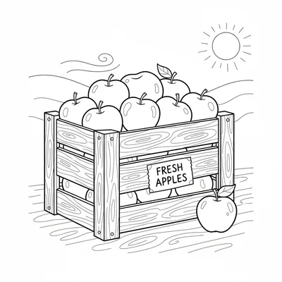 A wooden apple crate filled with rounded apples, a small handwritten label coloring page
