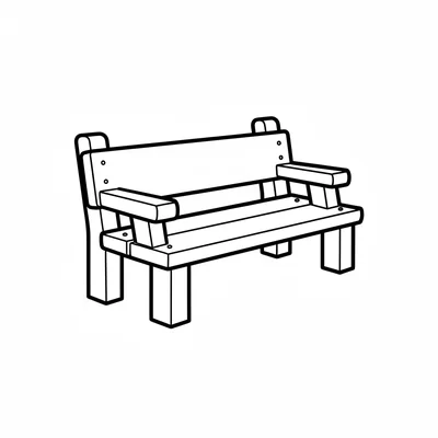 A simple wooden bench viewed from a three-quarter angle, with a flat plank coloring page