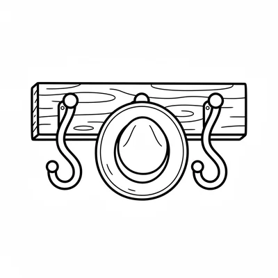A simple wooden coat hook rail with three S-curve hooks, one with a simple hat coloring page