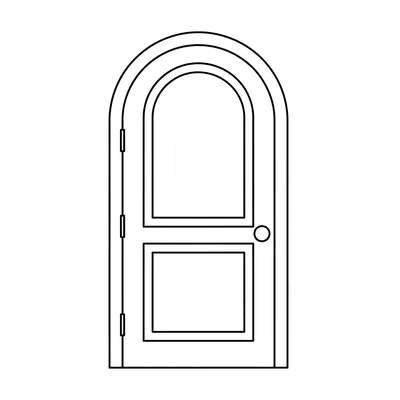 A simple wooden door with a round arch top, a round knob handle, and a simple coloring page