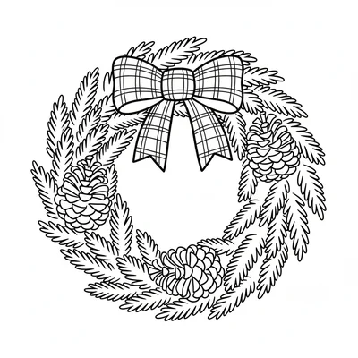 A simple wooden door wreath made of pine branches with a few pinecones coloring page