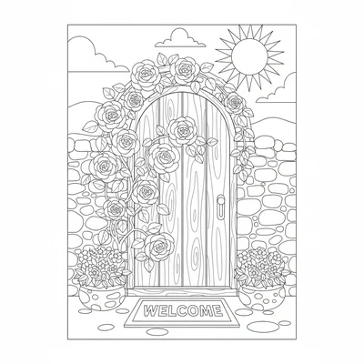 A wooden front door of a cottage covered in climbing roses, a simple door mat coloring page