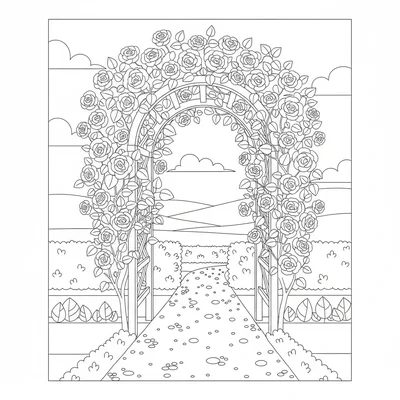 A wooden garden arbor covered with climbing roses in bloom, with a narrow coloring page