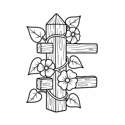 A simple wooden garden fence post with two horizontal rails and a few climbing coloring page