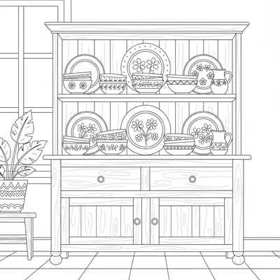 A wooden kitchen dresser with two open shelves displaying mismatched ceramic coloring page