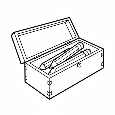 A simple wooden pencil box viewed from above, open lid showing a few pencils coloring page