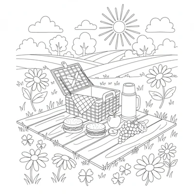 A wooden picnic blanket scene spread on a meadow with a wicker basket open coloring page