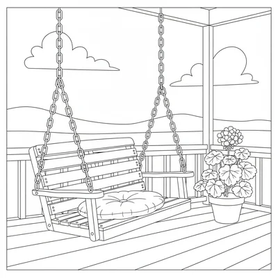A wooden porch swing viewed from the side, hanging from two chains coloring page