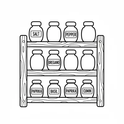 A simple wooden spice rack with three shelves, each holding two small round coloring page